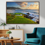 Coastal Golf Course Wall Art Canvas Print, Sunset with Rolling Green Fairways and Ocean Waves