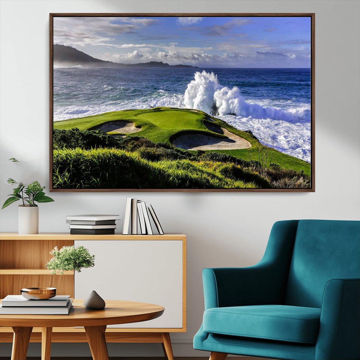 Ocean Waves Crashing Wall Art Canvas Print, Dramatic Rocky Coastline Near a Golf Course