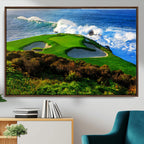Coastal Golf Course Wall Art Canvas Print, Vibrant Green with Sand Bunkers and Ocean Waves