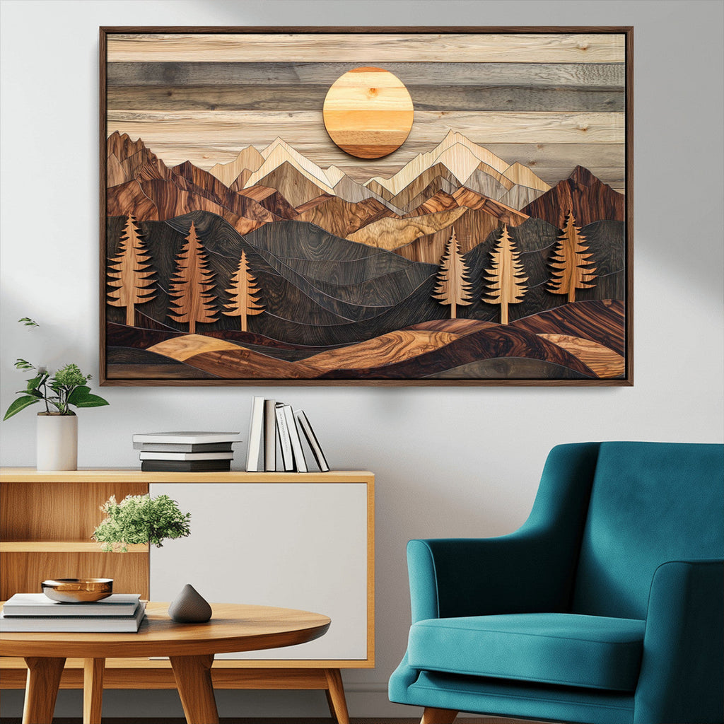 Wooden Mountain Layers Art | Rustic Pine Tree Landscape