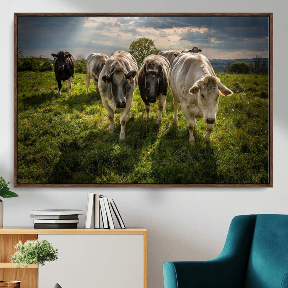 Grazing Cattle Herd Wall Art Canvas Print, Framed Green Pasture Farm Scene