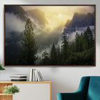 Misty Forest Sunrise Wall Art Canvas Print, Framed Mountain Valley Pine Trees