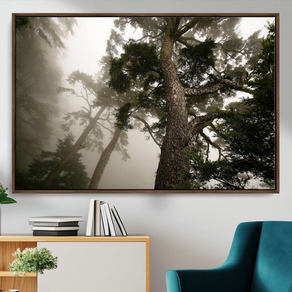 Misty Forest Wall Art Canvas Print, Framed Tall Trees in Foggy Atmosphere