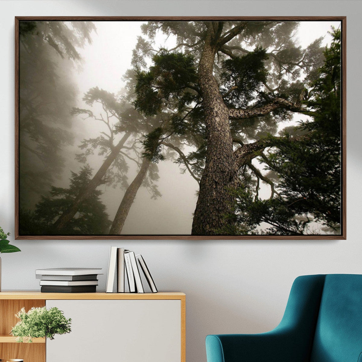 Misty Forest Wall Art Canvas Print, Framed Tall Trees in Foggy Atmosphere