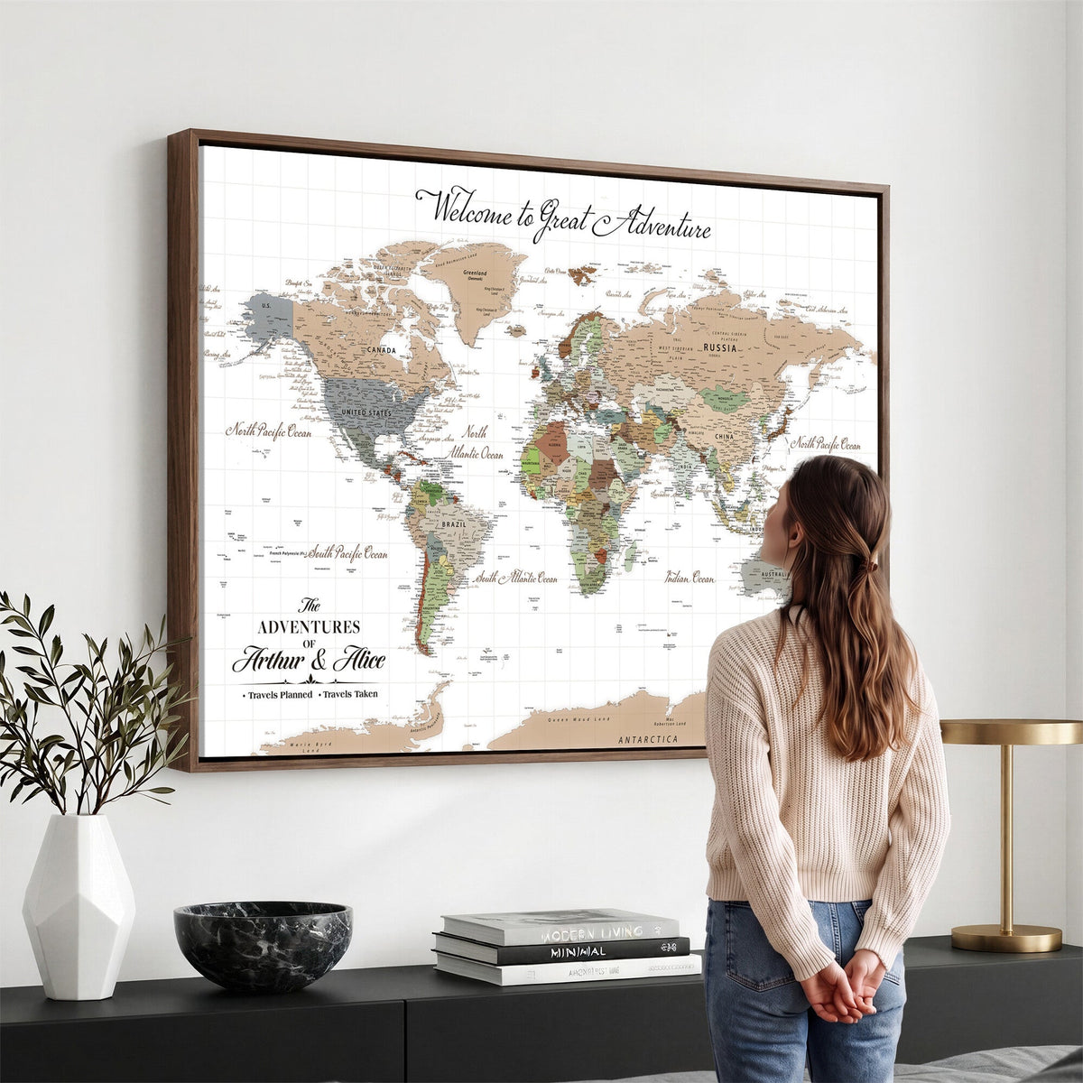 Custom Beige Push Pin World Map Wall Art, Bucket List Map, Study and Hallway Decor