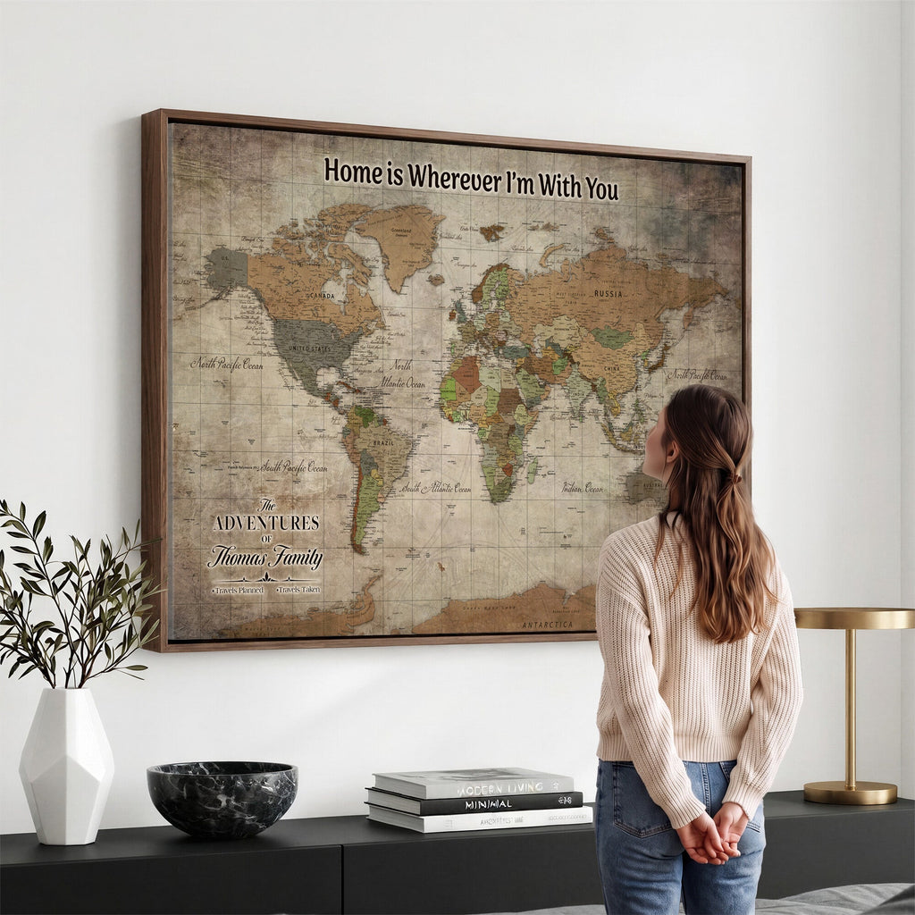 Personalized Beige Geometric World Map Canvas with Push Pins, Next Trip Planner Map, Study and Entryway Decor