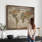 Personalized Beige Geometric World Map Canvas with Push Pins, Next Trip Planner Map, Study and Entryway Decor