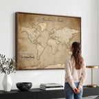 Personalized Black Modern Push Pin World Map Wall Art, Places Visited Tracker, Family Room and Bedroom Decor