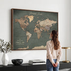 Personalized Framed Beige Modern World Map Canvas with Push Pins, Bucket List Map, Family Room and Dining Room Decor