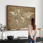 Custom Beige Modern Push Pin World Map Canvas Print, Family Travel Tracker, Dining Room and Home Office Decor