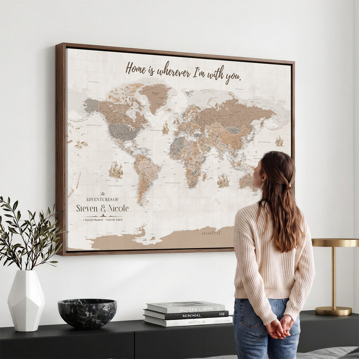 Personalized Beige Geometric Push Pin World Map Canvas Print, Countries Visited Map, Study and Home Office Decor