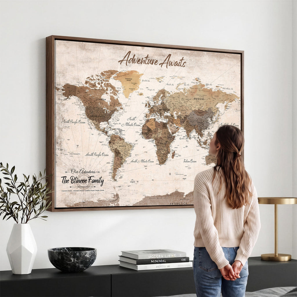Custom Push Pin World Map Wall Art Canvas Print | Personalized Travel Tracker