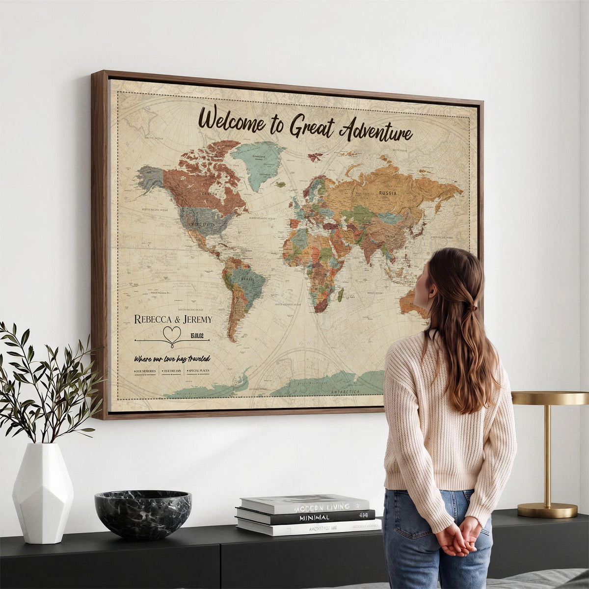 Large Personalized Beige Minimalist Push Pin World Map Wall Art, Next Trip Planner Map, Bedroom and Home Office Decor