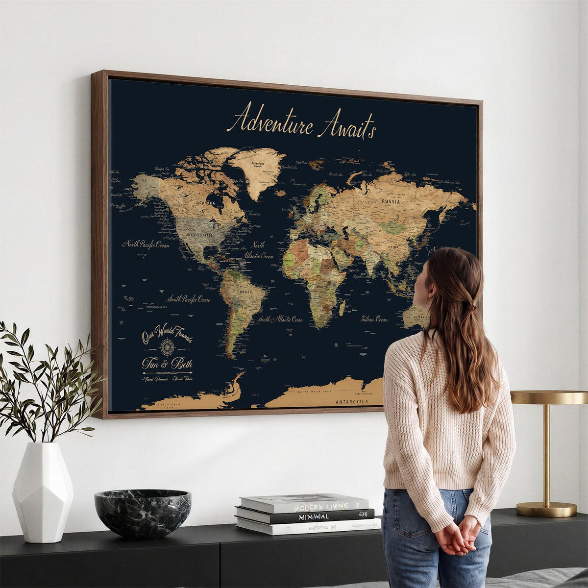 Personalized Navy Geometric World Map Canvas with Push Pins, Honeymoon and Anniversary Gift, Home Office and Hallway Decor