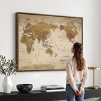 Personalized Framed Navy Modern World Map Canvas with Push Pins, Bucket List Map, Living Room and Entryway Decor