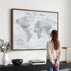 Personalized Beige Antique Push Pin World Map Canvas Print, Family Travel Tracker, Family Room and Entryway Decor