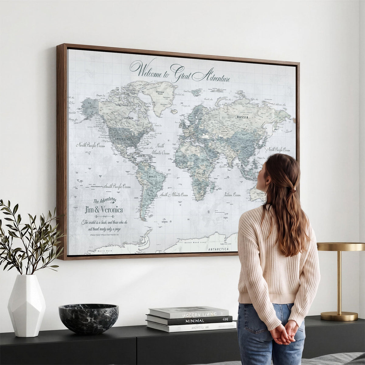 Personalized Beige Antique Push Pin World Map Canvas Print, Family Travel Tracker, Family Room and Entryway Decor