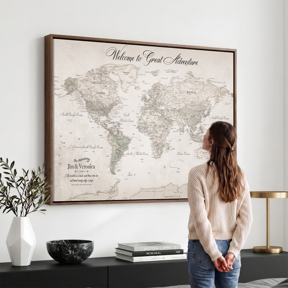 Personalized Beige World Map Canvas with Push Pins, Places Visited Tracker, Family Room and Entryway Decor