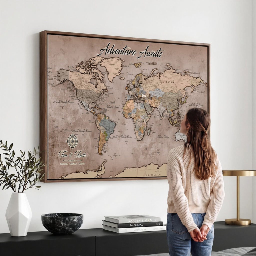 Custom Push Pin World Map Wall Art Canvas Print | Personalized Travel Tracker