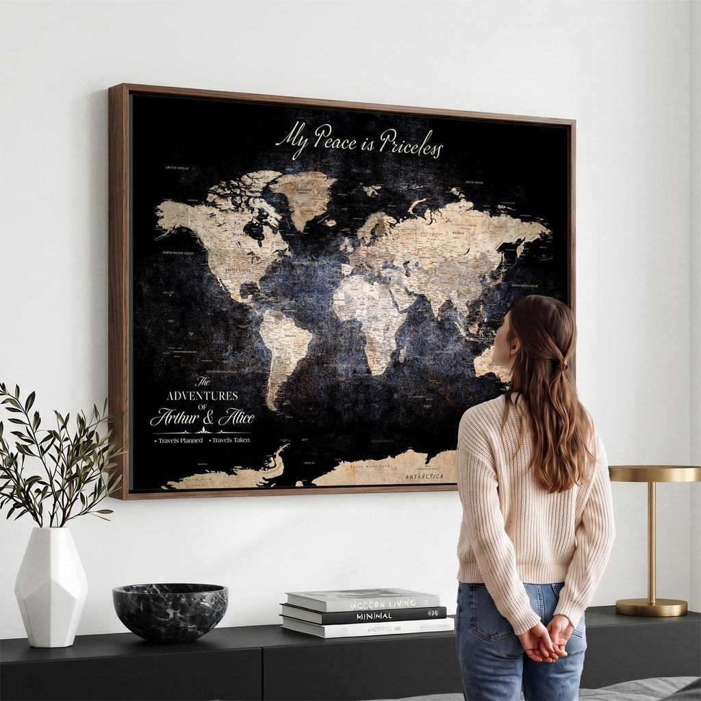 Personalized Beige World Map Canvas with Push Pins, Couples Countries Visited Map, Study and Hallway Decor