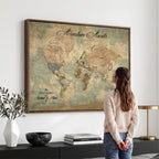Custom Beige World Travel Map Wall Art with Pins, Bucket List Map, Dining Room and Study Decor