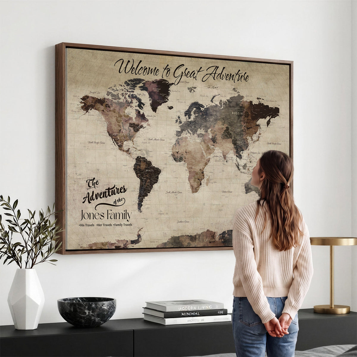 Custom Beige Modern Push Pin World Map Wall Art, Honeymoon and Anniversary Gift, Dining Room and Study Decor
