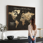 Personalized Framed Beige World Travel Map Wall Art with Pins, Couples Countries Visited Map, Family Room and Dining Room Decor