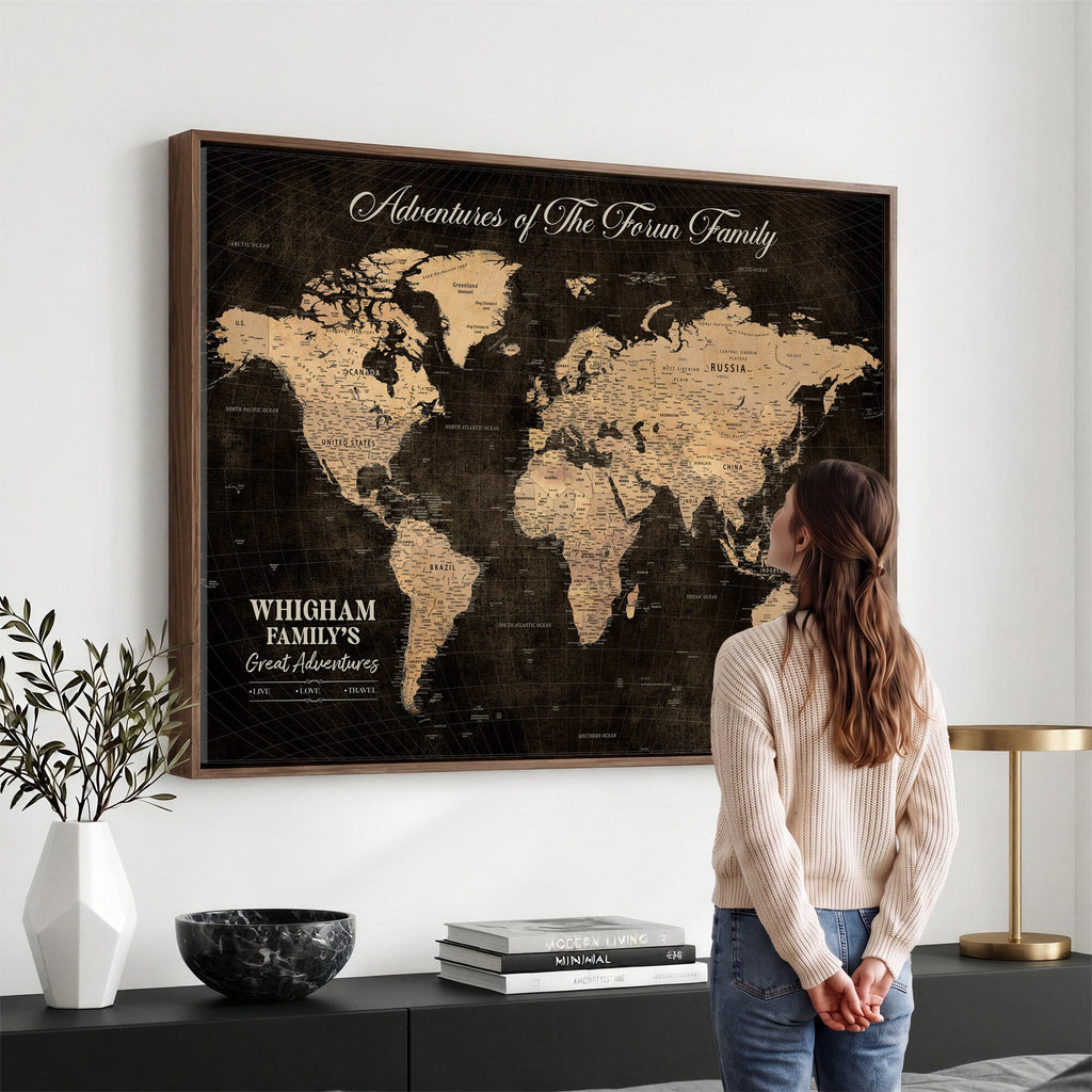 Personalized Framed Beige Geometric Push Pin Travel Map Canvas Print, Honeymoon and Anniversary Gift, Dining Room and Hallway Decor