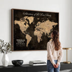 Personalized Framed Beige Geometric Push Pin Travel Map Canvas Print, Honeymoon and Anniversary Gift, Dining Room and Hallway Decor
