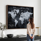 Personalized Framed Beige Modern Push Pin World Map Wall Art, Places Visited Tracker, Family Room and Dining Room Decor