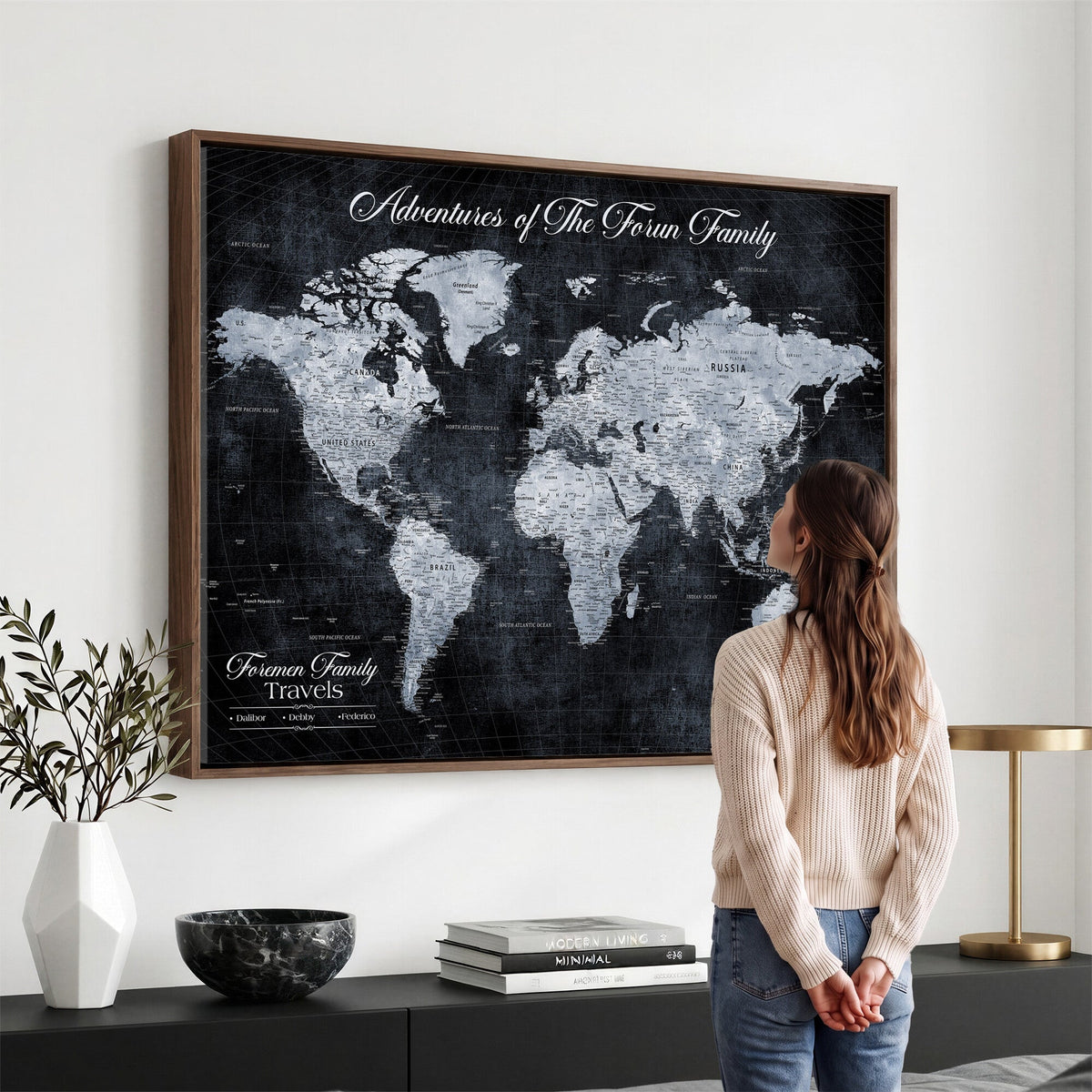 Personalized Framed Beige Modern Push Pin World Map Wall Art, Places Visited Tracker, Family Room and Dining Room Decor