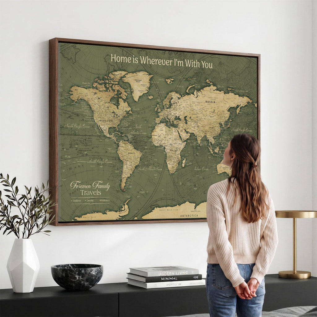 Personalized Framed Beige Geometric Push Pin World Map Canvas Print, Honeymoon and Anniversary Gift, Dining Room and Bedroom Decor