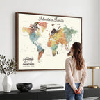 Custom Beige World Map Canvas with Push Pins, Honeymoon and Anniversary Gift, Dining Room and Entryway Decor