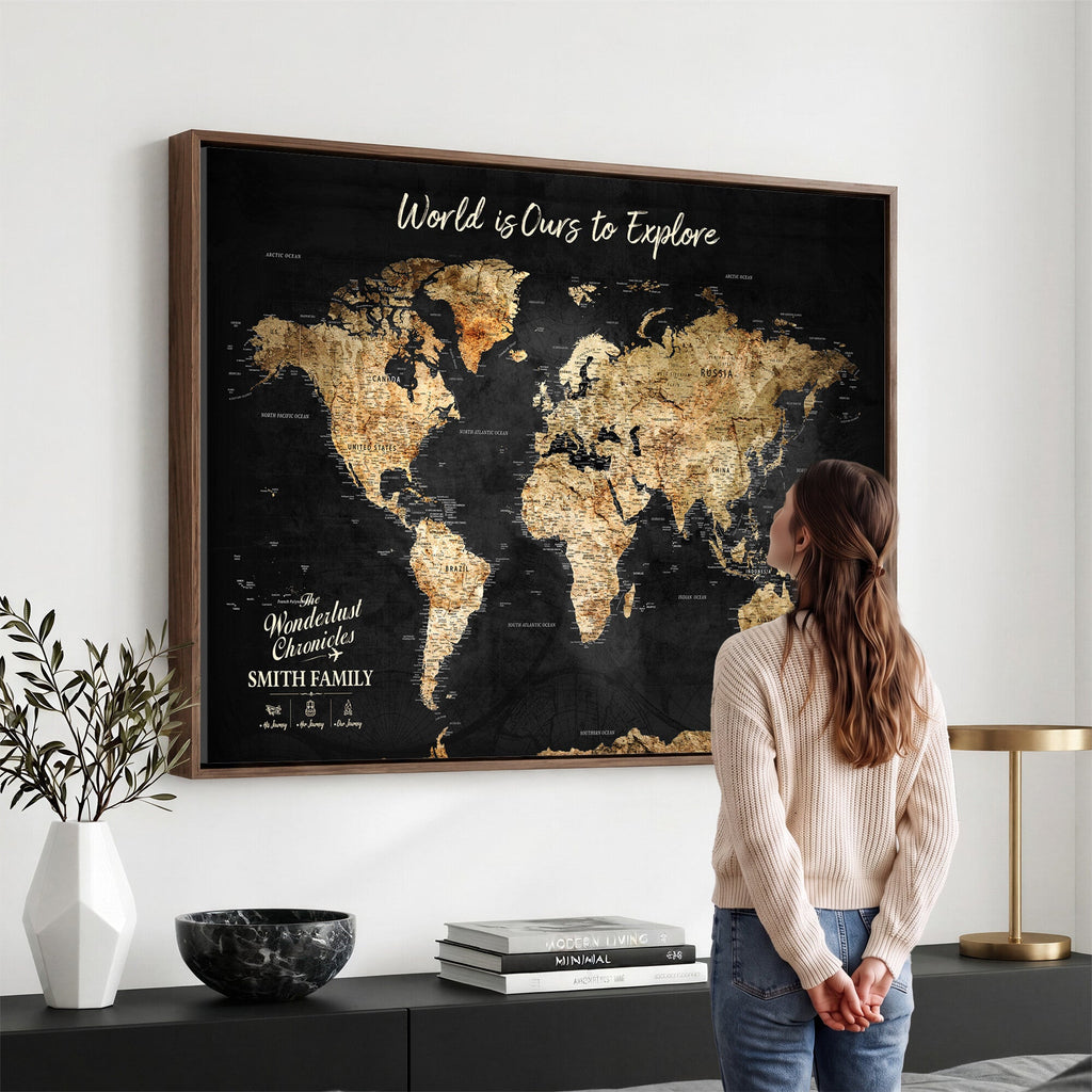 Personalized Framed Black Beige Modern World Travel Map Wall Art with Pins, Bucket List Map, Living Room and Hallway Decor