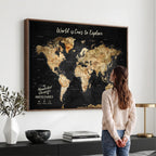 Personalized Framed Black Beige Modern World Travel Map Wall Art with Pins, Bucket List Map, Living Room and Hallway Decor