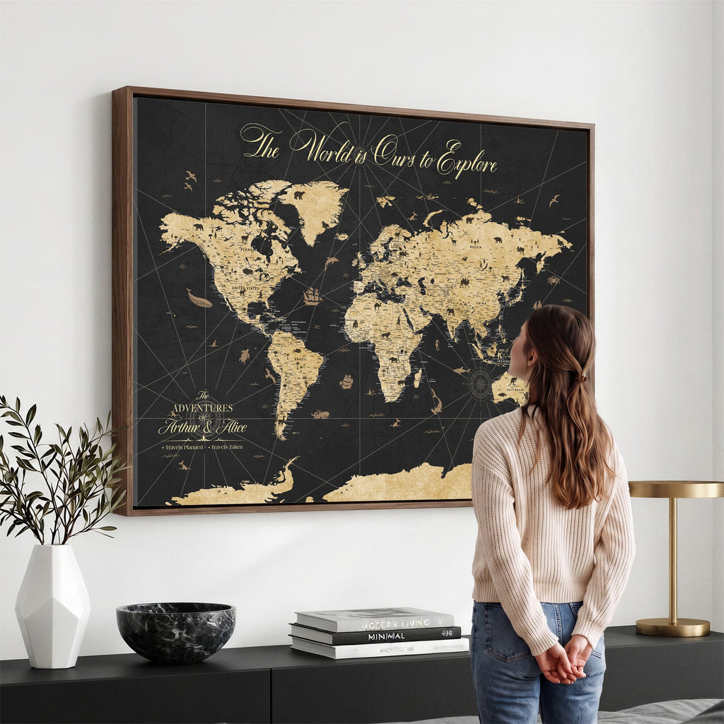 Custom Push Pin World Map Canvas Print, Couples Countries Visited Map, Living Room and Home Office Decor