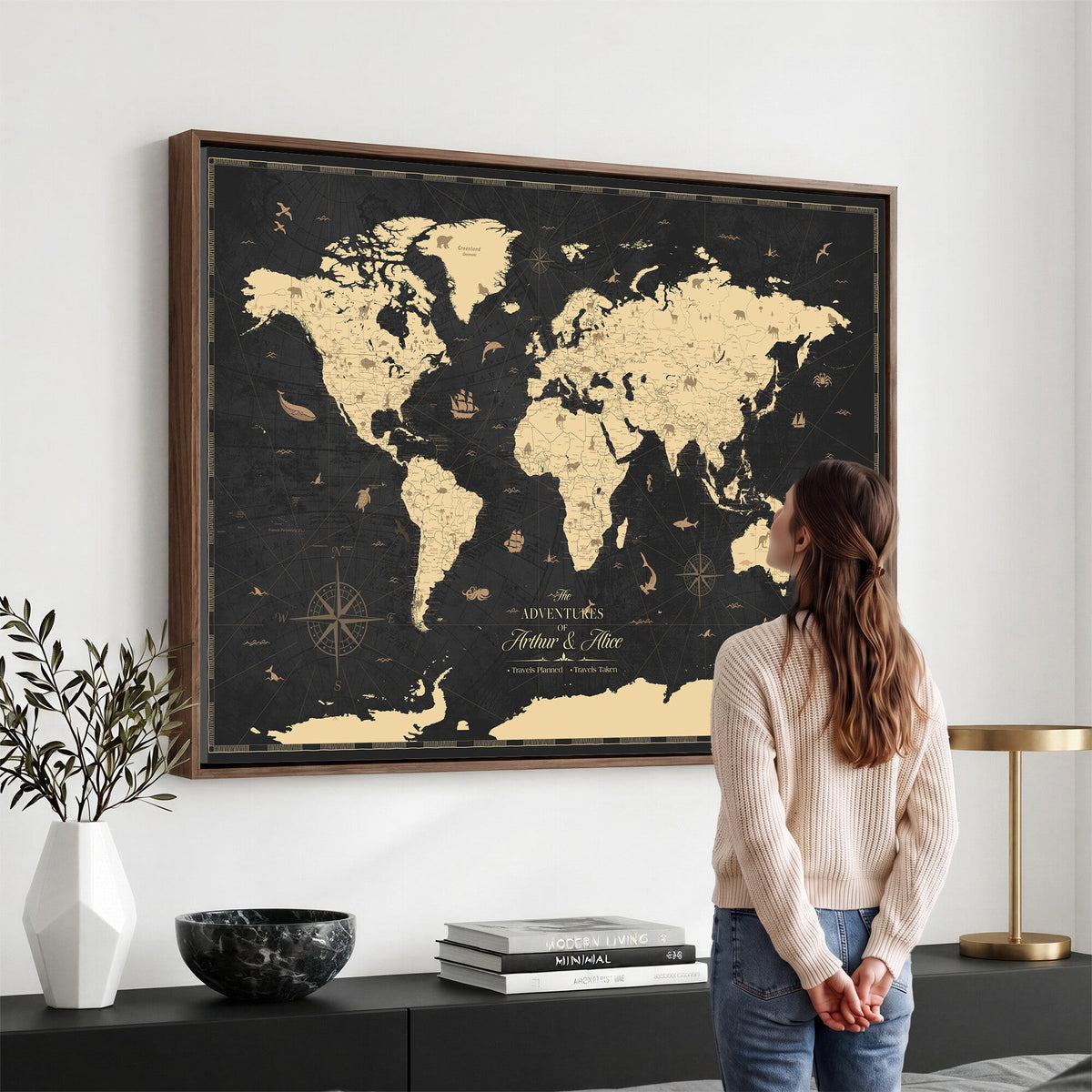 Personalized Beige Push Pin World Map Canvas Print, Places Visited Tracker, Home Office and Study Decor