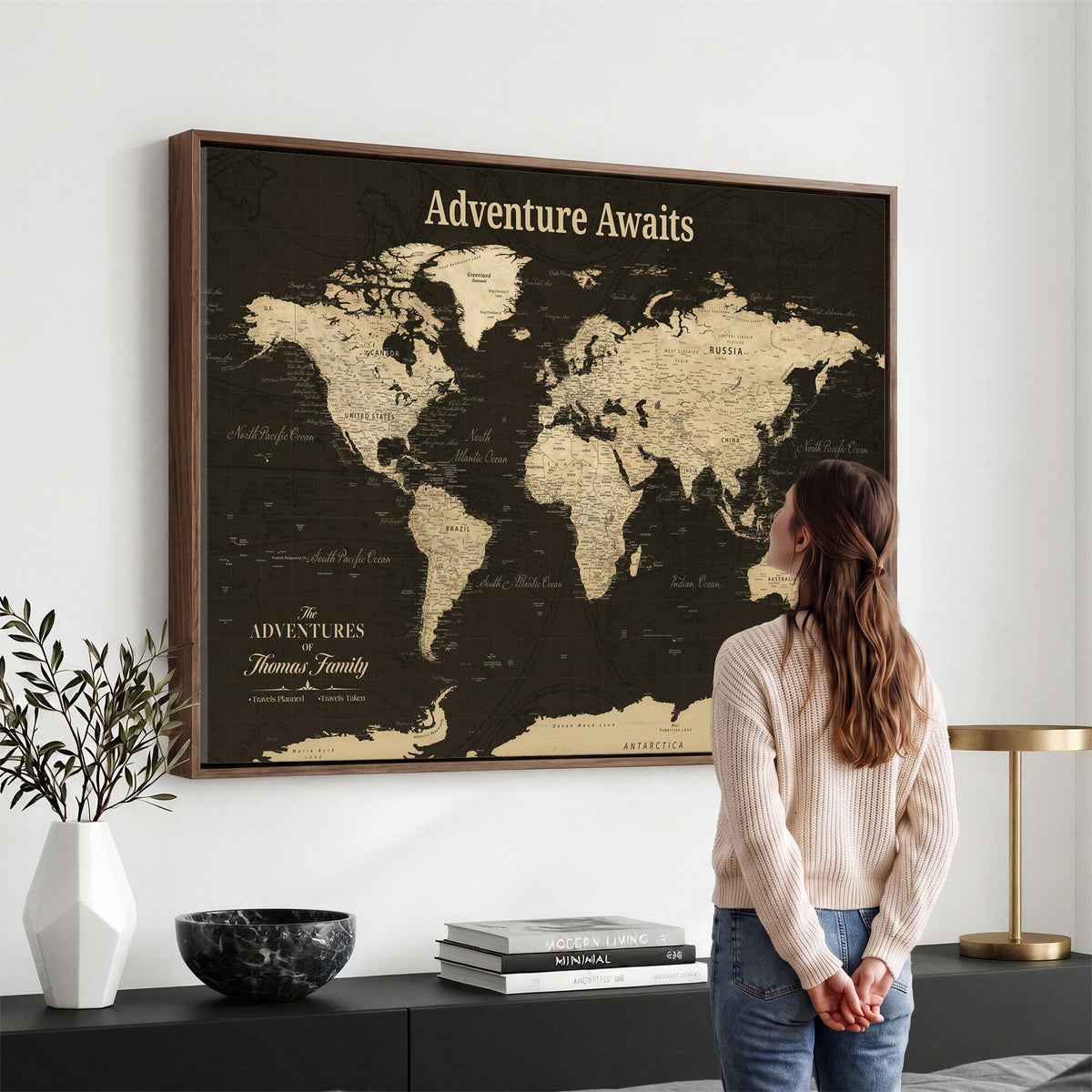 Custom Beige Push Pin World Map Wall Art, Next Trip Planner Map, Living Room and Home Office Decor