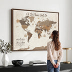 Custom Beige World Travel Map Wall Art with Pins, Couples Countries Visited Map, Living Room and Study Decor