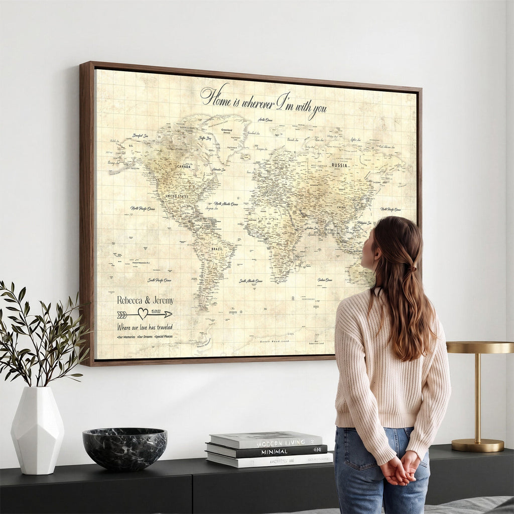 Personalized Beige Modern Push Pin World Map Wall Art, Honeymoon and Anniversary Gift, Bedroom and Study Decor