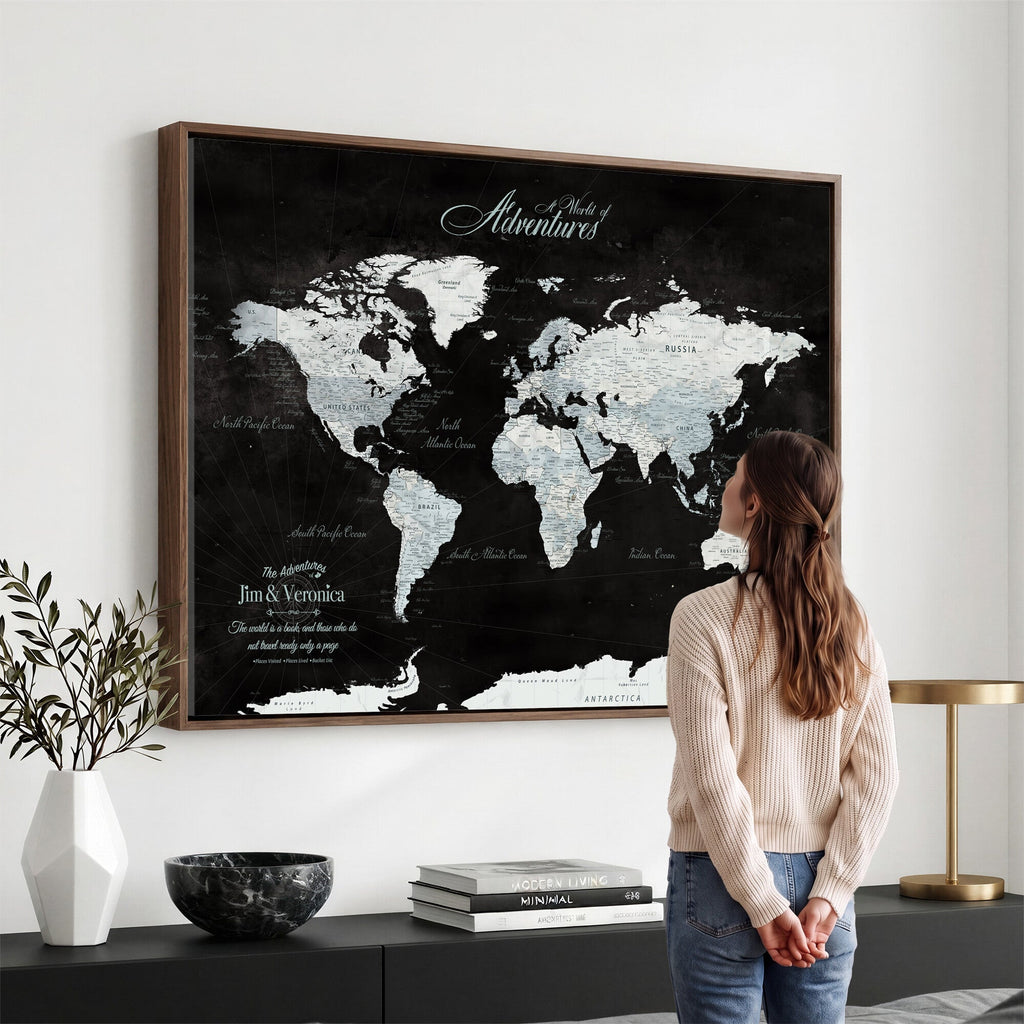 Custom Beige World Travel Map Wall Art with Pins, Places Visited Tracker, Bedroom and Home Office Decor