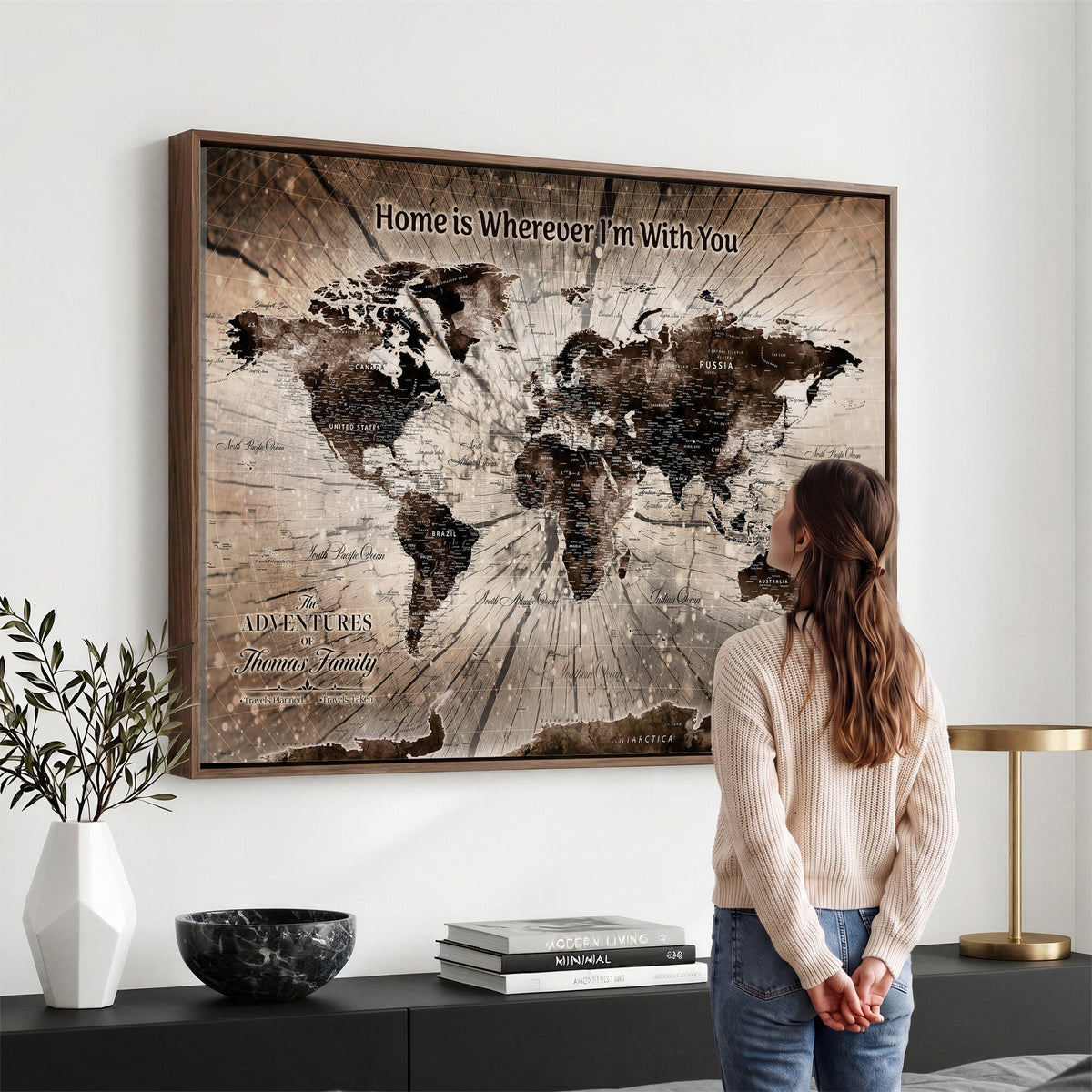 Personalized Push Pin World Map Wall Art Canvas Print, Customizable Framed Travel Map - NEWMAP-085