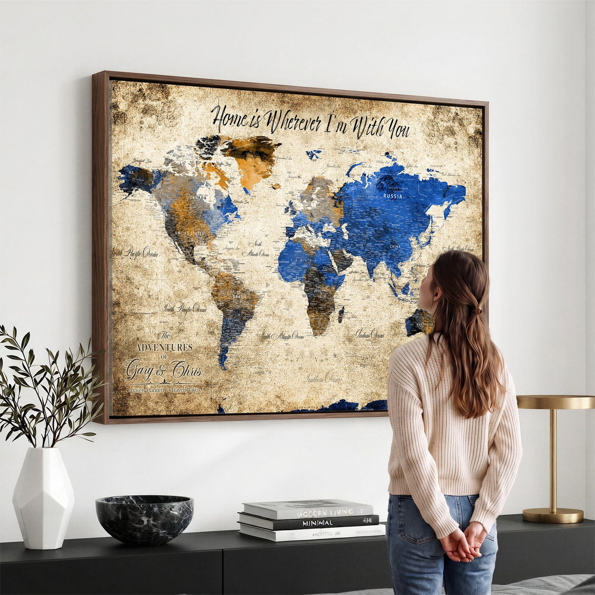 Personalized Framed Beige World Map Canvas with Push Pins, Honeymoon and Anniversary Gift, Living Room and Home Office Decor