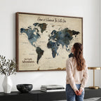 Personalized Framed Black Modern Push Pin Travel Map Canvas Print, Family Travel Tracker, Home Office and Entryway Decor