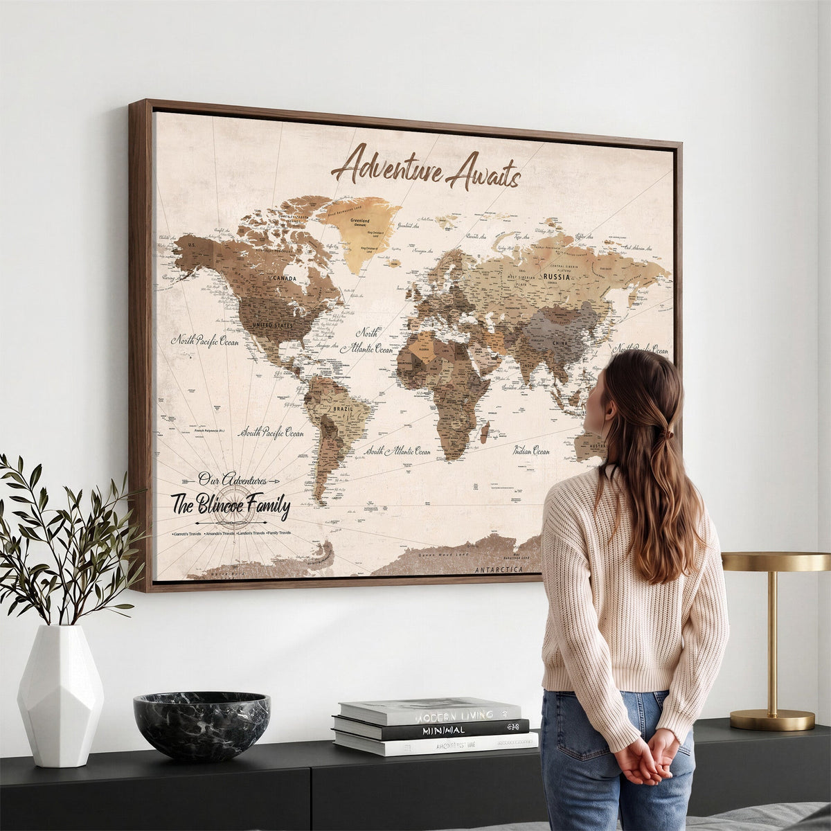 Personalized Framed White Modern Push Pin Travel Map Canvas Print, Bucket List Map, Dining Room and Study Decor