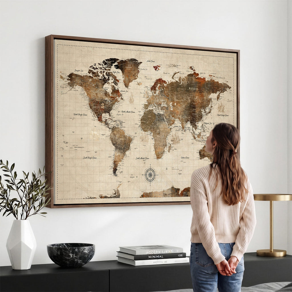 Vintage World Map Wall Art Canvas Print for Living Room, Office and Study