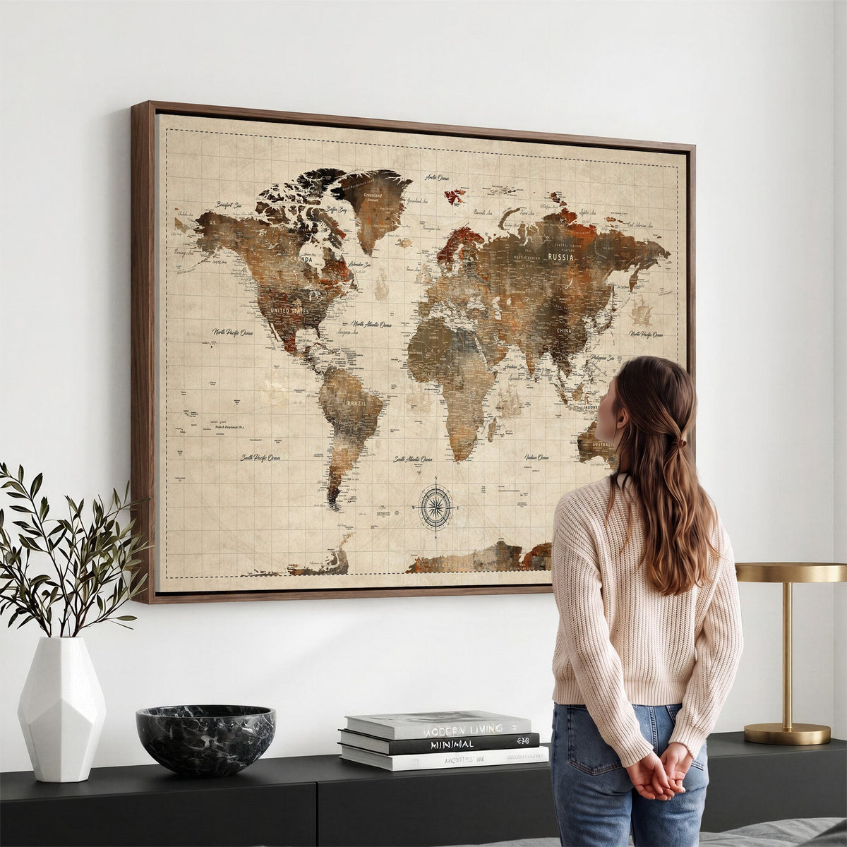 Vintage World Map Wall Art Canvas Print for Living Room, Office and Study