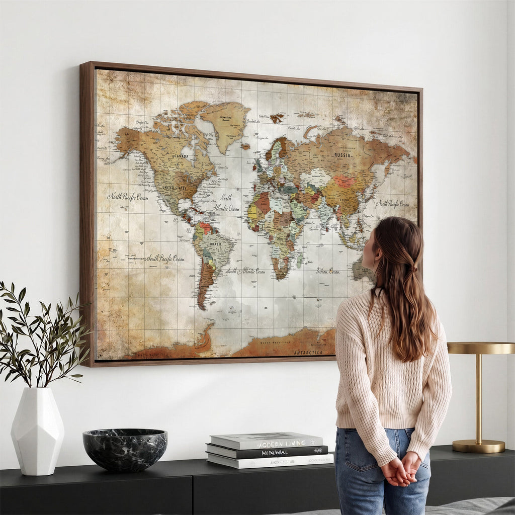 Custom Framed Modern Push Pin World Map Wall Art, Places Visited Tracker, Home Office and Entryway Decor