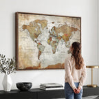 Custom Framed Modern Push Pin World Map Wall Art, Places Visited Tracker, Home Office and Entryway Decor