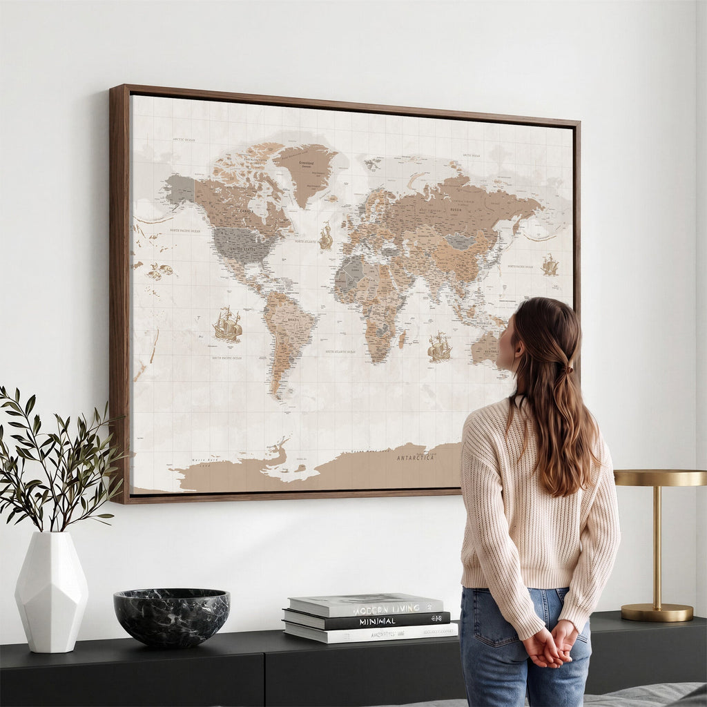 Framed Large World Map Canvas Print for Office Decor